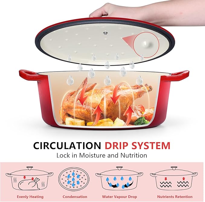 P&P CHEF Oval Dutch Oven with Lid, Enameled Cast Dutch Oven Pot for Bread Baking, Braising, Stewing, Roasting, Non-Stick & Oven Safe, Dual Handles & Easy Clean, 5QT & Red, Valentine's Day