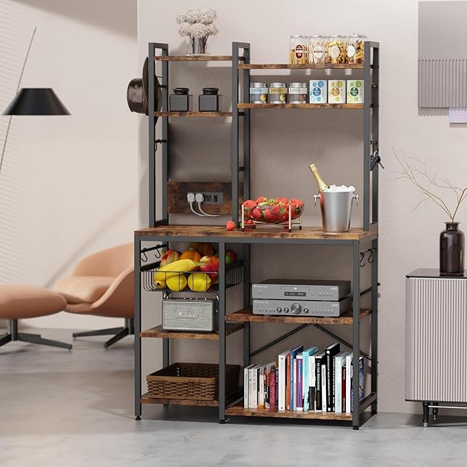 Kitchenshelf Baker’sRack CoffeeBar - , 6-Tier Microwave Stand with Power Outlet, , Coffee Bar with 12 S-Shaped Hooks, Adjustable Feet Pads&150lbs CapacityKitchen Shelf with Wire Basket, Rustic Brown