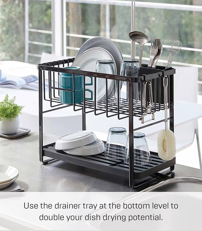 YAMAZAKI Home Tower Two-Tier Adjustable Dish Drainer Rack, Compact Drying Rack with Hooks, Utensils Holder - Steel -