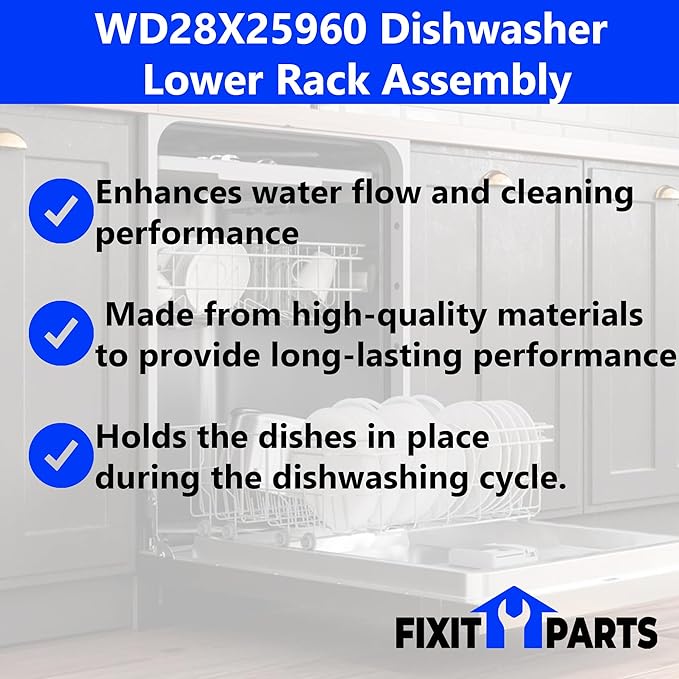US-Based Supplier - WD28X34744 WD28X26099 Dishwasher Lower Dishrack Assembly Compatible with GE Dishwashers with WD28X10128 Dishwasher Silverware Basket