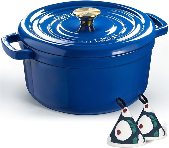 Overmont Enameled Cast Iron Dutch Oven - 5QT Pot with Lid Cookbook & Cotton Potholders - Heavy-Duty Cookware for Braising, Stews, Roasting, Bread Baking blue