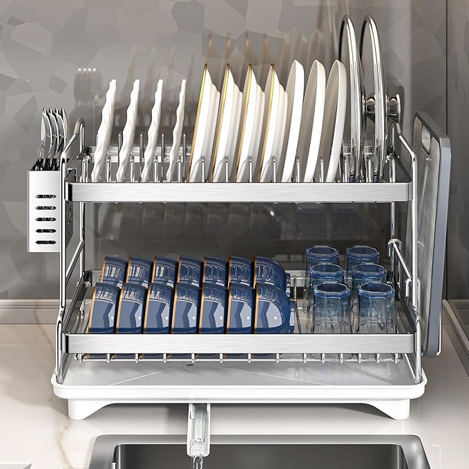 Dish Drying Rack, Double Layered countertop Kitchen Organizer with Drainage Large Bowl Rack and Storage Rack with Drainage Board