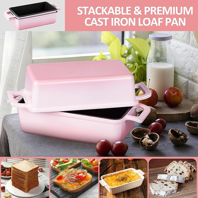 Leonyo Cast Iron Loaf Pan 2 Piece Set, 9x5 inch Enameled Cast Iron Bread Pan with Lid, 2-in-1 Homemade Sourdough Bread Dutch Oven for Pound Cake, Lasagna, Up to 500℉ & Pink