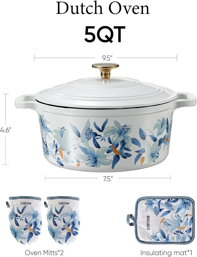 CAROTE 5 QT Cast Iron Dutch Oven Pot with Lid, Enameled Floral Dutch Ovens with Cotton Potholders & Oven Gloves, Gift Box, Cast Iron Pot for Sourdough Bread Baking, Braising, Stews, Roasting, Dual Handles, All Stovetop Compatible, Oven Safe up to 500° ...