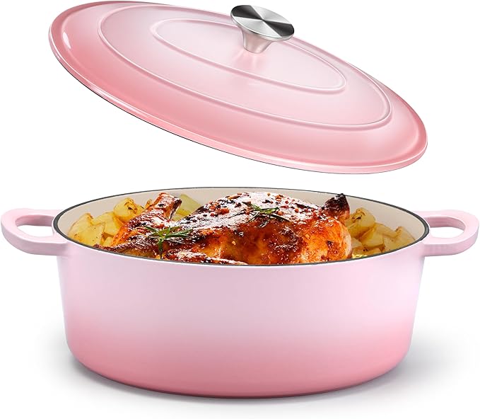 P&P CHEF Oval Dutch Oven with Lid, Enameled Cast Dutch Oven Pot for Bread Baking, Braising, Stewing, Roasting, Non-Stick & Oven Safe, Dual Handles & Easy Clean, 5QT & Pink, Valentine's Day