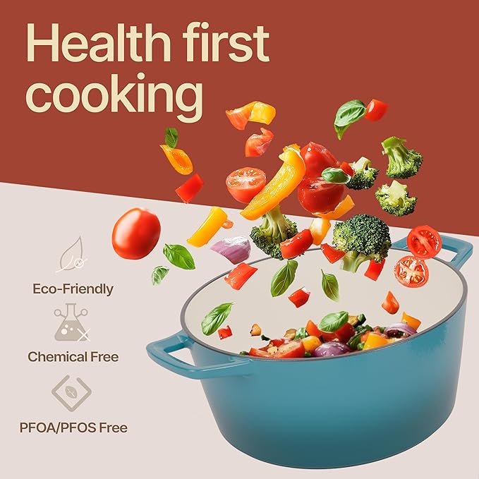 Bakken Enameled Cast Iron Dutch Oven Pot, 6QT Dutch Oven for Bread Baking, Braising & Roasting, Kitchen & Campfire Cooking, Moisture-Locking Lid, Oven Safe Up To 500°F, Works on All Cooktops, Teal