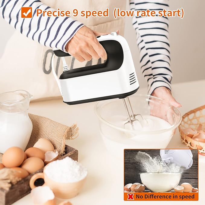 9-Speed Digital Hand Mixer Electric, 400W Powerful DC Motor, Hand Mixer Electric Handheld with Snap-On Storage Case, 5 Stainless Steel Accessories, Beaters, Dough Hooks, Whisk(White/Black)