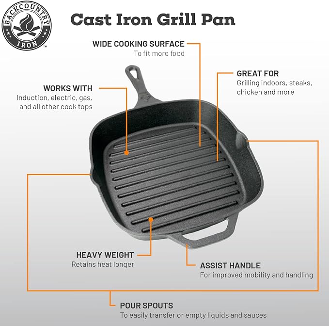 12 Inch Square Grill Pan Large Pre-Seasoned Cast Iron
