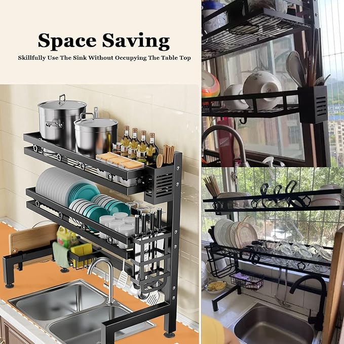 Over Sink Dish Drying Rack,Adjustable Dish Drainer for Kitchen Storage Counter Organization,Stainless Steel Dish Rack Display(2-65cm)