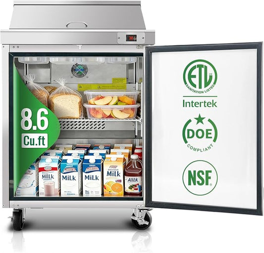 29" W Commercial Refrigerators Sandwich Salad Prep Table, 8.6 Cu.Ft Stainless Steel Food Prep Fridge with 8 Pans, Adjustable Shelves, Auto Defrost, Good Choice for Poke Bowl Shops, Delis, Food Truck