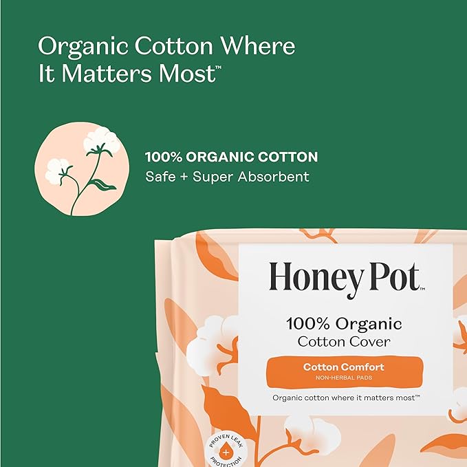 The Honey Pot Company - 64ct - Sanitary Pads for Women - Non-Herbal Heavy Overnight w/Wings - Organic Cotton Cover & Ultra-Absorbent Pulp Core - Feminine Care