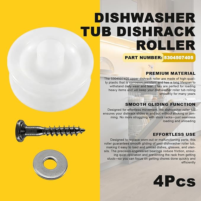 5304507405 Dishwasher Tub Dishrack Roller Fit for Frigidaire Kenmore Replace 154333903 154333902 5300809917 154333901 154213401 154080001, Dishwasher Top Rack Rollers 4 Pcs