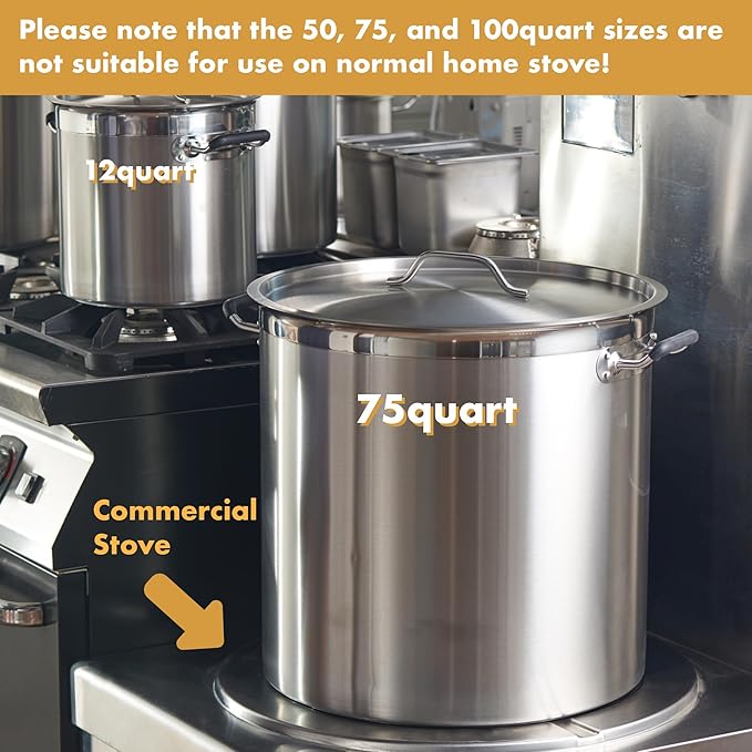 CURTA 75 Quart Large Stock Pot with Lid - Bottom Width 17.7 Inches - NSF Listed 3-Ply Clad Base 18/8 Stainless Steel Commercial Induction Ready Cookware