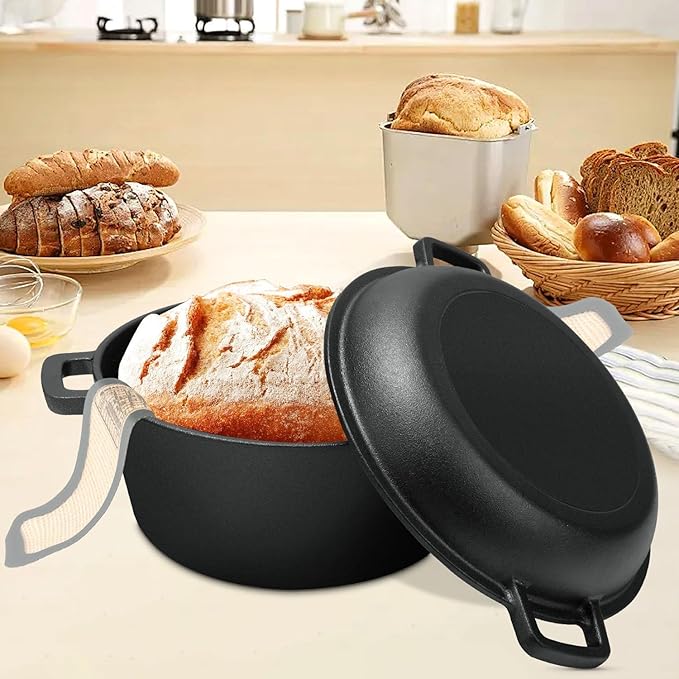 Cast Iron Dutch Oven for Bread Baking, 5 Qt Sourdough Dutch Oven with Lid, 2-in-1 Dutch Pot with Bread Baking Supplies for Camping, Frying and Braising