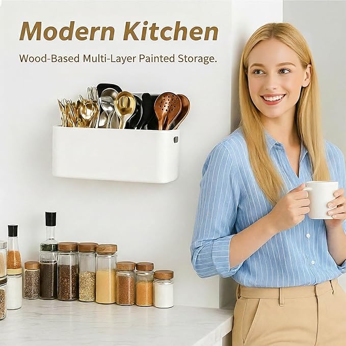 White Wooden Utensil Holder for Counter or Countertop - Extra Large 4 Compartment Wood Utensil Organizer, Painted Spatula Holder, Silverware Crock, Kitchen Utensil Storage