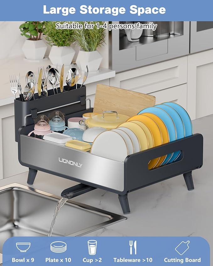 Dish Drying Rack, Thicker Premium Aluminum Frame and 304 Stainless Steel Plate Rack for Kitchen Counter, Automatic Drainage Spout, Dish Drainer & Drainboard Set with Utensil Holder,Gray