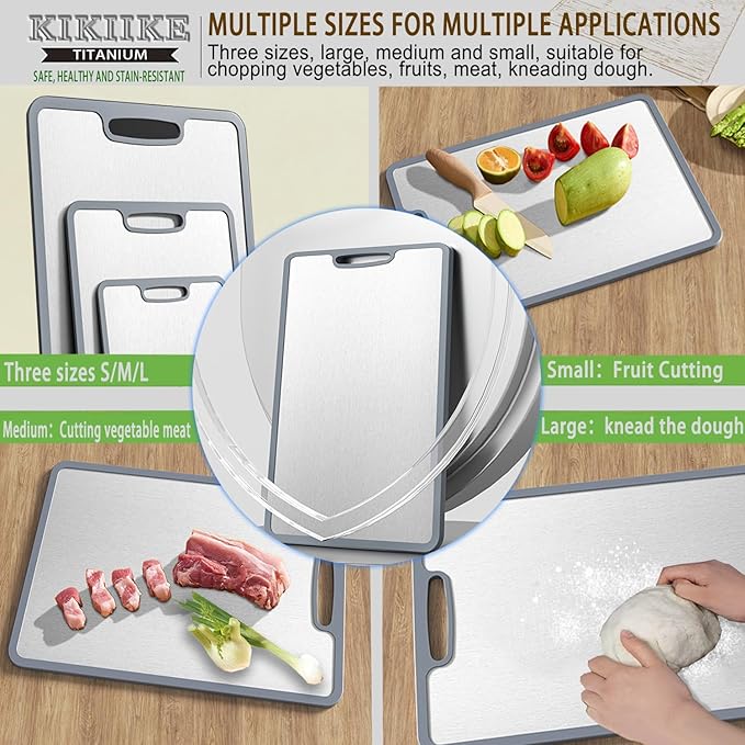Titanium Cutting Board Set of 3, Double-sided non-slip edging Pure Titanium Chopping Board for Kitchen - Safety and slip resistance Hand Guard Durable and easy to clean (3-Piece S/M/L)