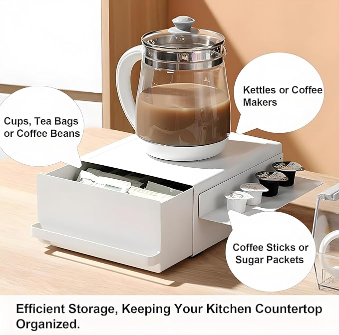 Kitchen Organizer Stand with Drawer, Coffee Maker & Appliance Holder Tea Pod Storage Space Saving Under-Appliance Organizer for Small Kitchen Appliances Like Mixers & Kettles