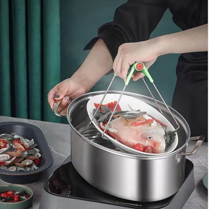 Stainless Steel Fish Steamer Set Large Steamer Pot for Steaming Fish, Boiling Soup Multi-Use Oval Cookware with Glass Lid, Rack, Pan, Chuck
