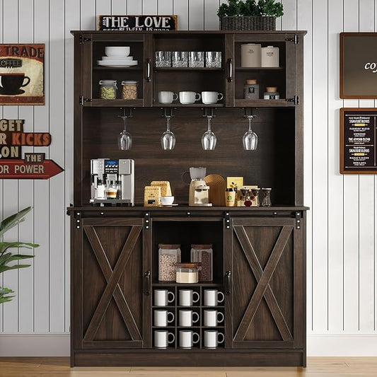 4ever2buy 72" Farmhouse Coffee Bar Cabinet with 2 Glass Doors & 9 Wine Racks, Tall Hutch Cabinet with Storage, Wine Bar with 4 Row Metal Glass Holder, Dark Oak