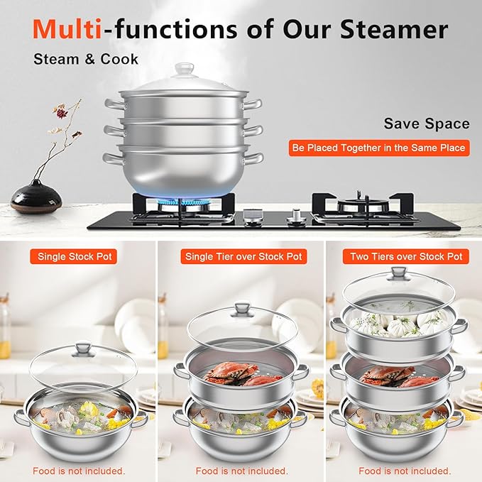 3-Tier Steam Pot, 12.8in Stainless Steel Steamer, Steamer Cookware with Lid, Food Steam Pots with Handles for Vegetables, Seafood, Dumpling