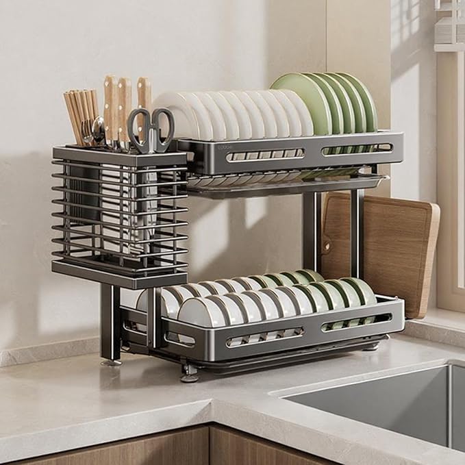 Stainless Steel Kitchen Dish Drying Rack with Drain Board Wall-mounted and Freestanding Countertop Dish Storage Rack Over Sink for Countertop Storage(Gray,Wall-mounted Two layers)