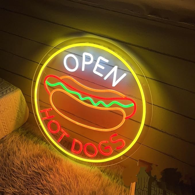 Open Hot Dogs Neon Signs Dimmable LED Neon Lights for Restaurant Business Signs for Fast Food Shops Accessories Light Up Sign for Snack Bar Wall Decor