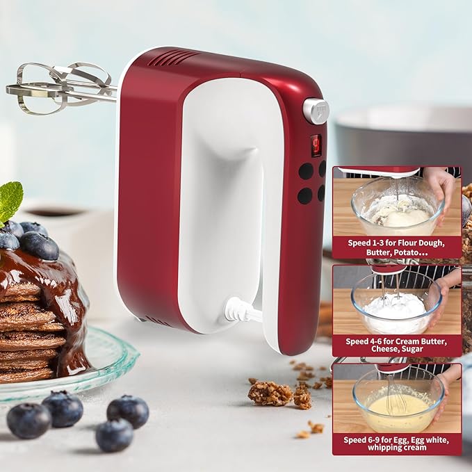 9-Speed Digital Hand Mixer Electric, 400W Powerful DC Motor, Hand Mixer Electric Handheld with Snap-On Storage Case, 5 Stainless Steel Accessories, Beaters, Dough Hooks, Whisk(Red/White)