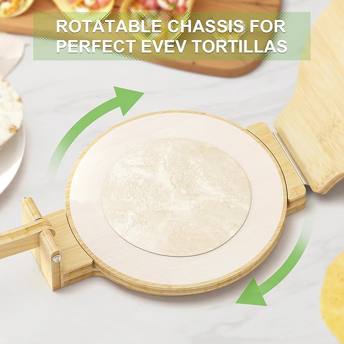 Tortilla Press 10 Inch - Bamboo Quesadilla & Roti Maker with Parchment Paper Sheets & Dough Cutter for Homemade Flour Corn Tortilla, Wood Tortillera Pataconera Tortilla Maker for Home Baking