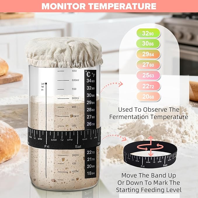 Sourdough Starter Kit, 15 Pcs Sour Dough Bread Baking Supplies for Beginners with 24 Oz Glass Starter Jar, Complete Bread Making Set with Silicone Banneton Proofing Basket, Baking Accessory