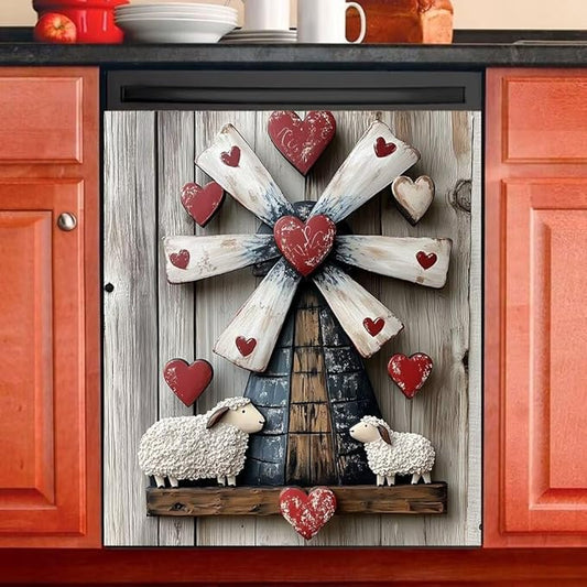 Dishwasher Magnet Cover, Rustic Farmhouse Windmill with Sheep and Hearts Refrigerator Magnetic Vinyl Sticker for Dishwasher Door, Decorative Kitchen Appliance Panel Decal, 23Wx26H Inches