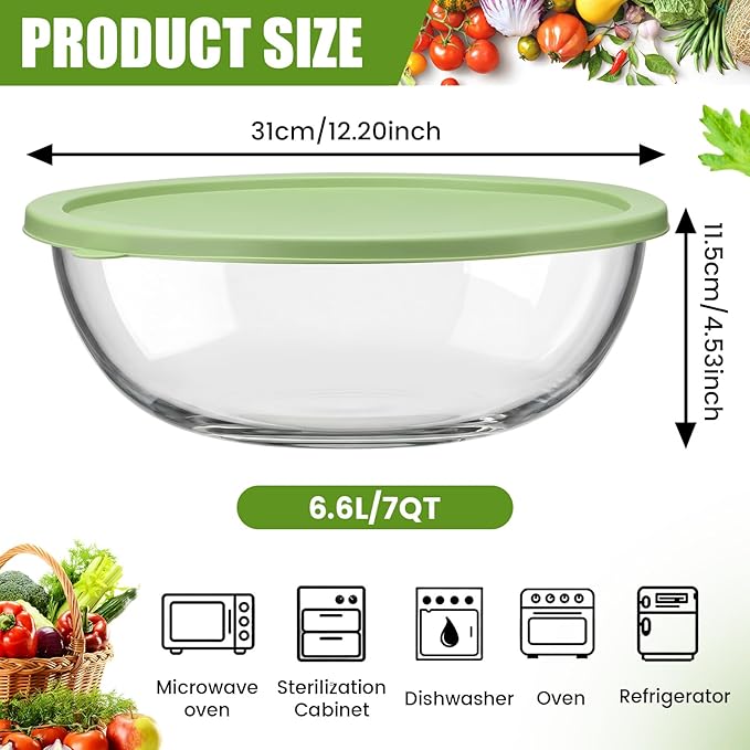 7qt Large Glass Mixing Bowl with Lid Thickened Borosilicate Glass Bowl for Baking Sourdough, Meal Prep, Salad, Mixing, Microwave Storage Prepping Freezer Safe