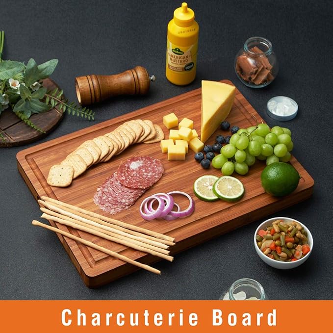 Bamboo Wood Cutting Board for Kitchen, 1" Thick Butcher Block, Cheese Charcuterie Board, with Side Handles and Juice Grooves, 16x11"