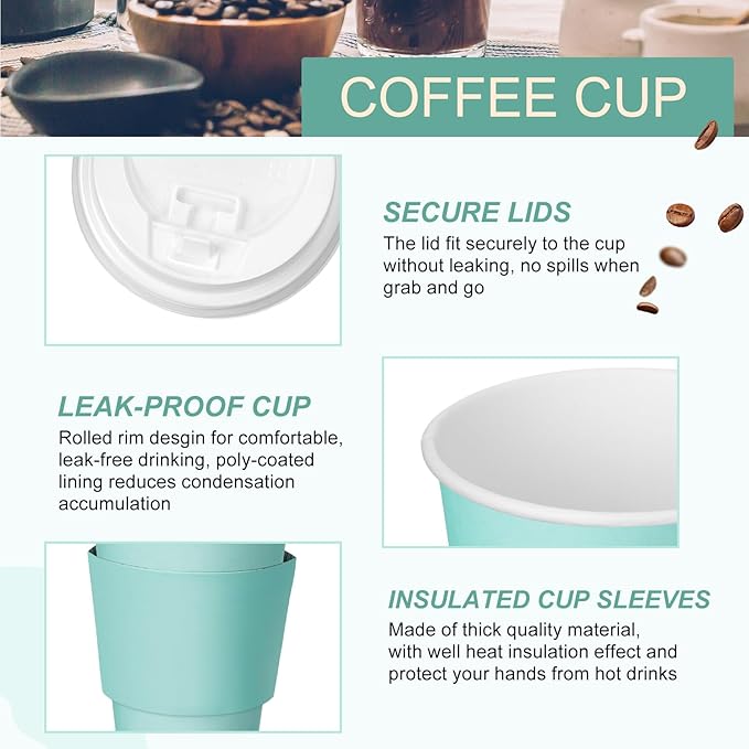 Patelai 48 Pcs 12 oz Disposable Coffee Cups with Lids and Sleeves Bulk, Insulated Hot Chocolate Paper Cup for Hot and Cold Beverage Water Juice Cocoa Tea Party Restaurants Travel Supplies (Green)