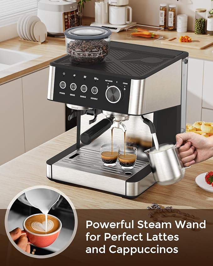 Espresso Machine 15 Bar with Built-in Anti-Clog Coffee Grinder,Stainless Steel Coffee Maker with 77.8 oz Removable Water Tank for Cappuccino/Latte,Home&Office,Black