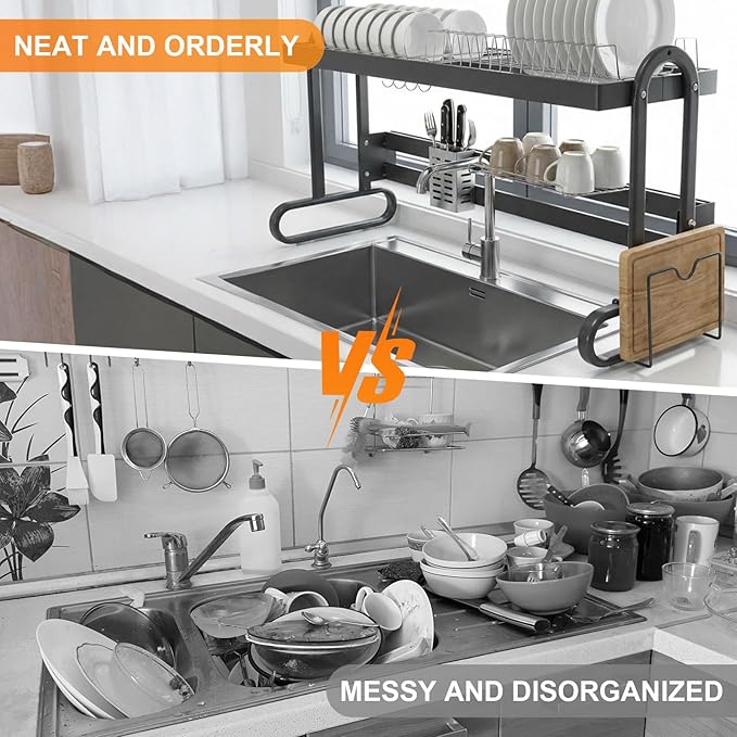 Stainless Steel Dish Drainer with Utensil Holder Kitchen Counter Dishrack Anti-Slip Household Dish Strainers for Draining & Storing Dishes