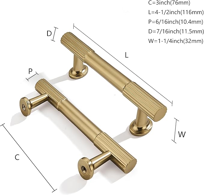 khtumeware 3 Inch Hole Center 10 Pack Brushed Brass Heavy Duty Solid Warm Brass Cabinet Pulls, Kitchen Drawer Handles, for Dresser cabinets, cabinets