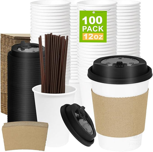 100 Pack 12 oz Disposable Coffee Cups with Lids and Sleeves, Leak-Proof To Go Coffee Cups, PLA White Paper Coffee Cups for Hot Beverage