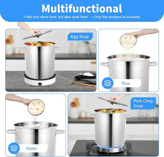 Stainless Steel Cookware Stockpot, 30Qt Heavy-Duty Cooking Pot, Large Stock Pot with Lid & Handles for Frying, Brewing, Seafood Boil & Soup, Even Heat Distribution, Easy-Clean