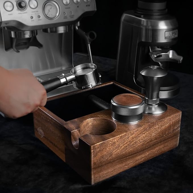 Coffee Knock Box | Fits 58mm Portafilter Holder | Tamping Station & Distributor Stand | Large Wood Espresso Container | Espresso Accessories for Coffee Bar