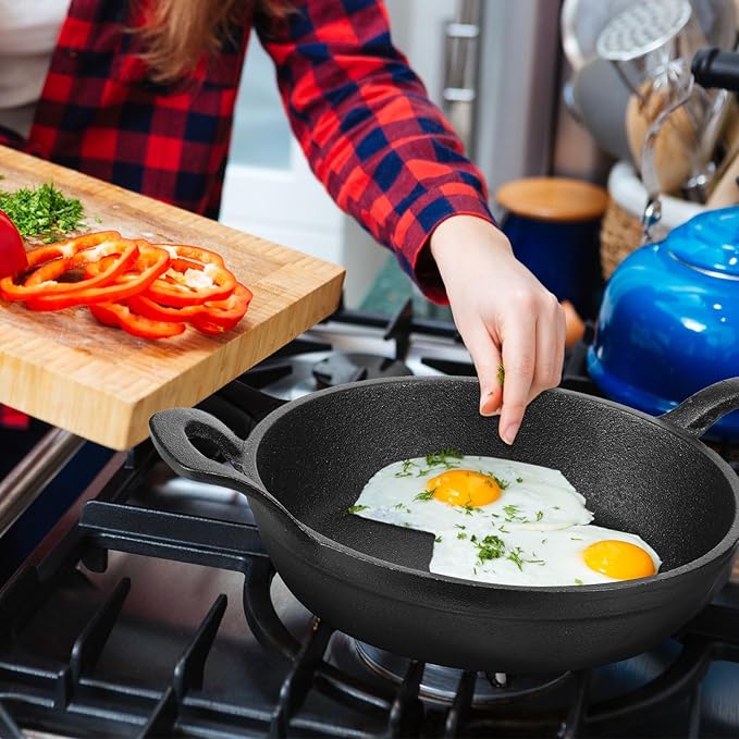 Sliner 4 Sets Mini Cast Iron Skillet Small Cast Iron Plates Skillet with Wooden Base Small Round Pan Fajita Plate Pot for Baking Cooking(7.1 Inches)