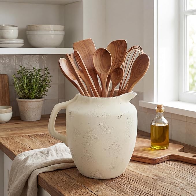 Rustic Kitchen Utensil Holder with Handle,7 Inch Ceramic Vintage Utensil Crock for Countertop, Farmhouse Kitchen Decoration Ceramic Pot for Spatulas Spoons Tongs(Novelty,Antique Cream)
