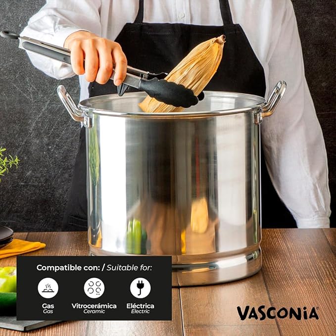 Vasconia 32-Quart Steamer Pot (Aluminum) with Tray & Glass Lid - For Most Stoves (Hand-Wash only) Large Stock Pot for Tamales, Steaming, Boiling & Frying - Makes Seafood, Pasta, Vegetables & More