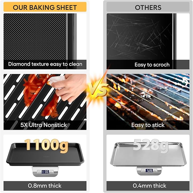 Cookie Sheets for Baking with Cooling Rack Set of 4, 0.8mm Thick Heavy Duty Nonstick Baking Sheets for Air Fryer, Half/Quarter/Jelly Roll Pans for Oven, Oven Trays with Diamond Texture