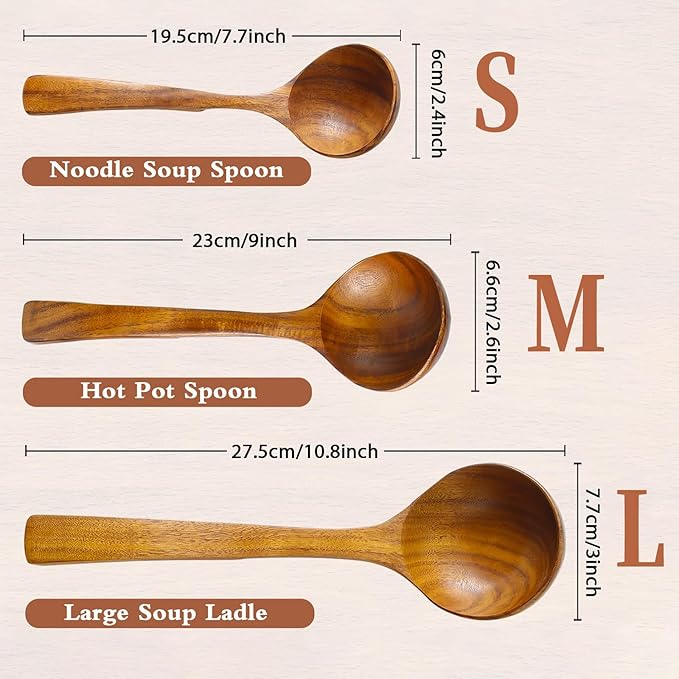 Wooden Ladle for Soup, 3Size Natural Teak Wooden Spoons for Cooking, Non-Stick Wood Spoon, Wood Cooking Spoons, Wooden Soup Spoons, Kitchen Utensils Spoons Sets