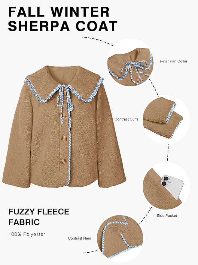 Tankaneo Womens Fuzzy Fleece Jacket Peter Pan Collar Button Down Fall Winter Sherpa Coats Colorblock Cute Warm Outerwear