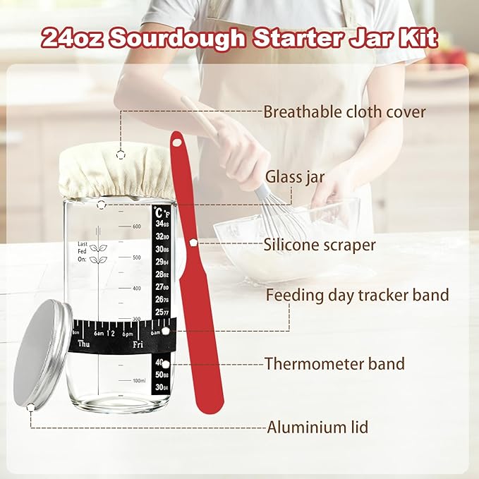 Sourdough Starter Kit with Scale, Glass Jar and Banneton Bread Proofing Basket - Complete Sourdough Bread Baking Supplies, Sour Dough Making Essentials Tools, Gift for Bakers Beiginner Women Wife Mom