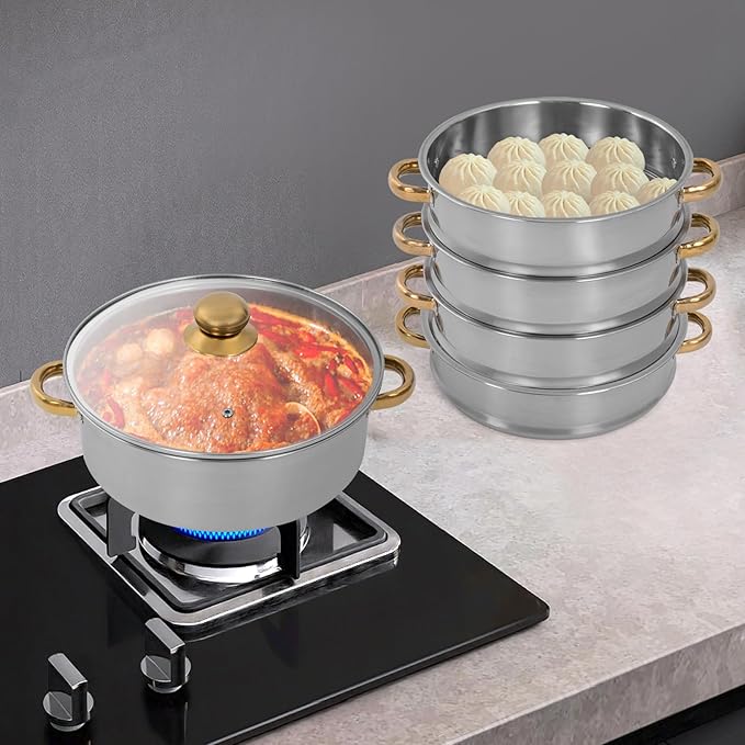 5-Tier Stainless Steel Steamer Pot, 1.85 Gal Large Capacity Stackable Steamer Basket Set for Healthy Cooking, Quick & Even Heating with Clear Lid, for Family Kitchen, Induction & Gas Stove