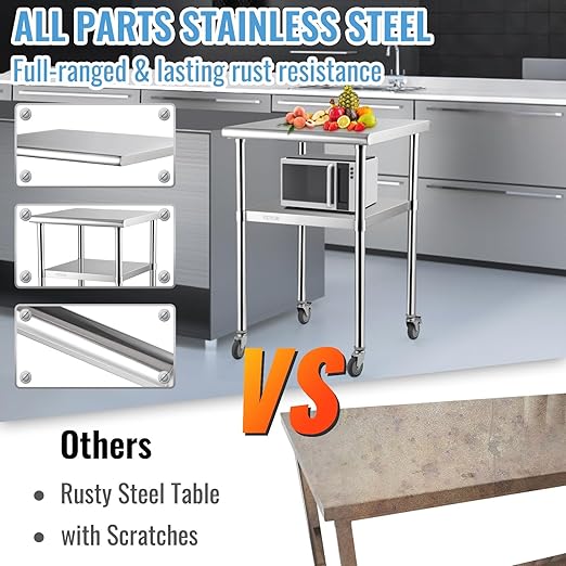 VEVOR Stainless Steel Prep Table, 24 x 24 x 33.5 Inch, 600lbs Load Capacity Heavy Duty Metal Worktable with Adjustable Undershelf & Universal Wheels, Commercial Workstation for Kitchen Garage Backyard