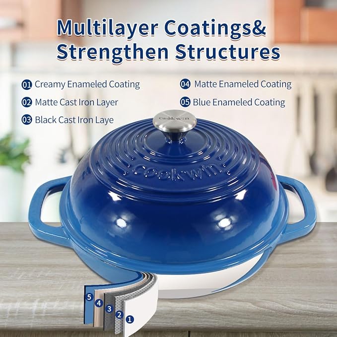 Enameled Cast Iron Bread Oven, 6 Quart Dutch Oven for Bread Sourdough Baking, 11" Thick Enamel Bread Baking Pan Kit with Lid for Stews, Roasts and Gifts for Family, Blue